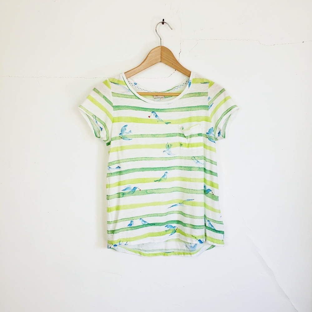 Anthro Postcard Green Stripes & Blue Bird T-Shirt - Picture 1 of 10
